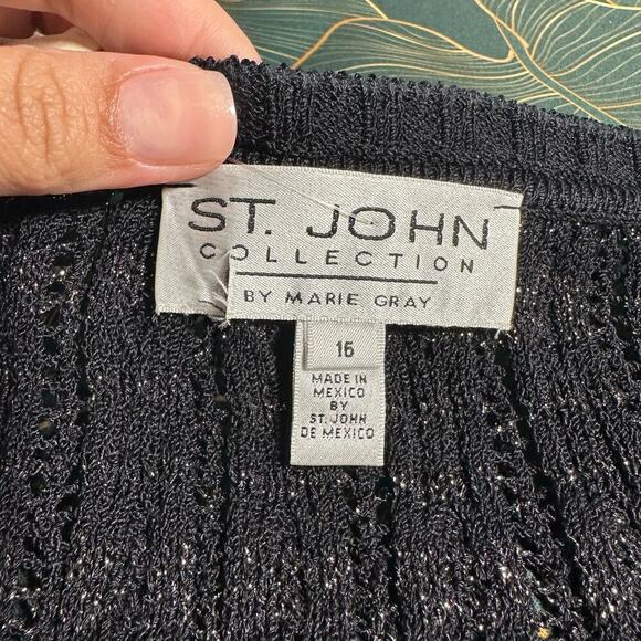 NWT St. John Metallic Wool Blend Knit V Neck Sweater Black Silver Women 16 - Picture 4 of 11